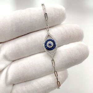 7” .925 Sterling Silver Evil Eye Cz Bracelet